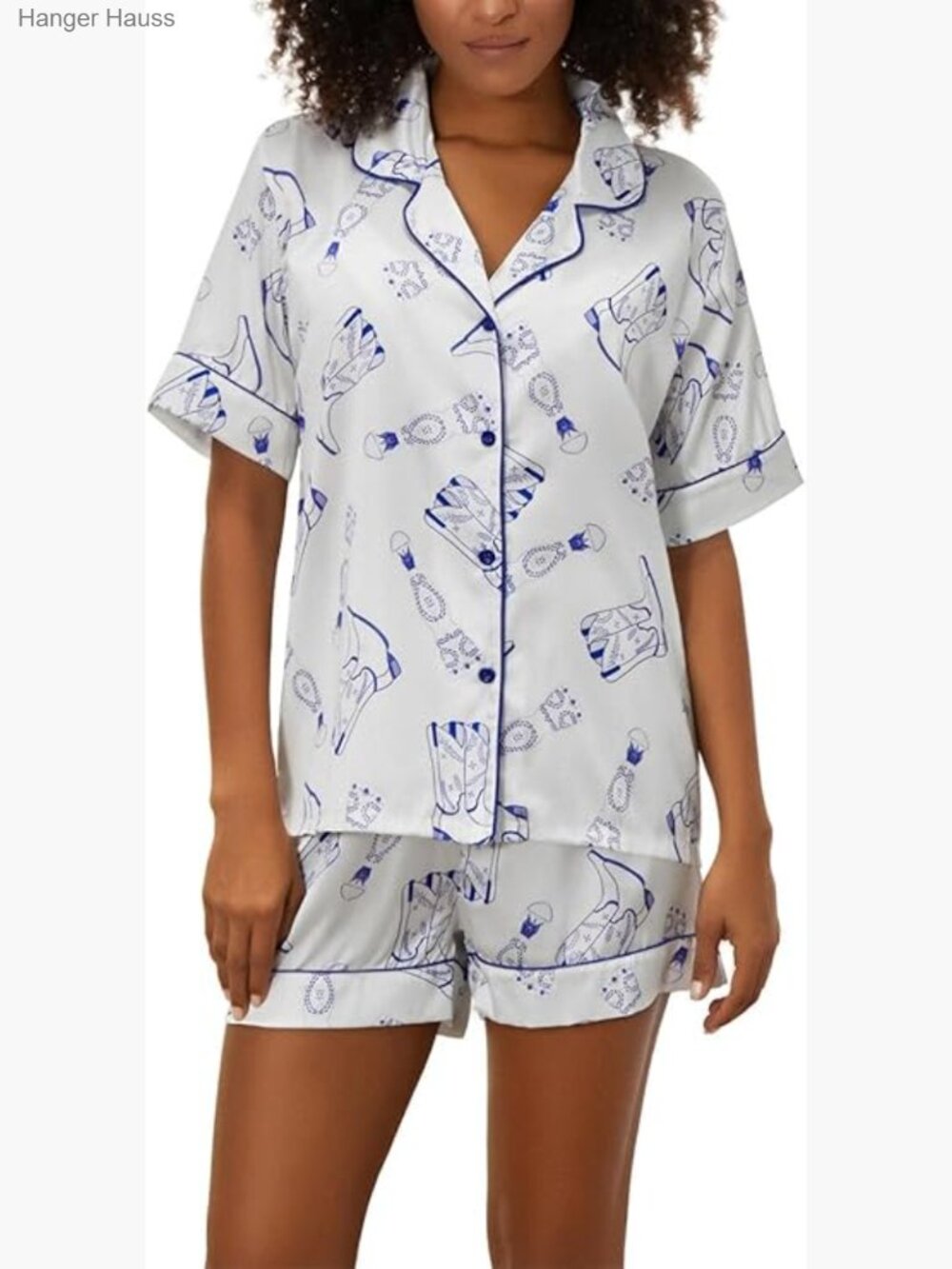 Silk Pajama Set Short Sleeve Button Down Pjs Shorts Y2k Cowgirl Print